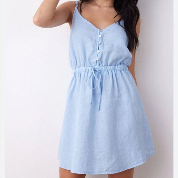 H&M Blue Button Down Sleeveless Spaghetti Strap Pocket Sundress Mini Size 6 - Picture 1 of 7